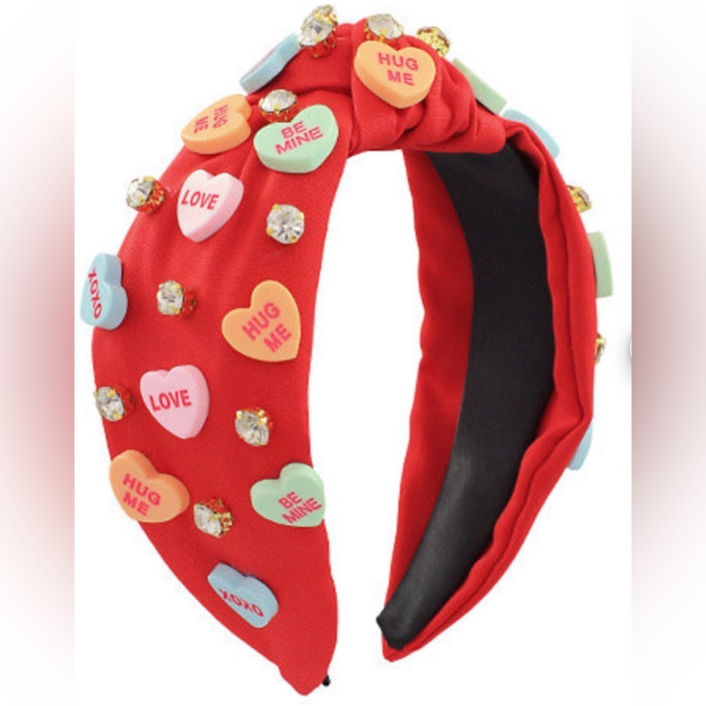 ☀️SALE☀️NWT Valentine’s Day Rhinestones Candy Hearts Top Knot Headband. Red.♥️ - Picture 2 of 7